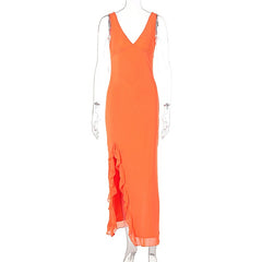V-neck sleeveless black fungus edge slit backless dress