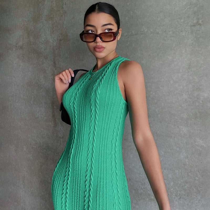 Solid Color Knitted Sleeveless Round Neck Dress Women Outfits Streetwear Clubwear Casual Urban Bodycon Tank Dresses