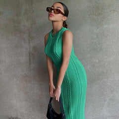 Solid Color Knitted Sleeveless Round Neck Dress Women Outfits Streetwear Clubwear Casual Urban Bodycon Tank Dresses