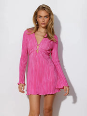 Elegant Women Dress Solid Color Flare Sleeves High Waist Long Sleeves A-line Skirt Simple Slim Fit Lace-up Dress