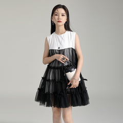 O Neck Mesh Stitching Color Matching Fake Two Large Hem Loose Short Dresses