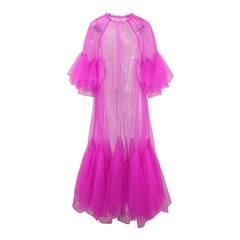 Lace collar loose petal short sleeved mesh dress, women's patchwork puffy skirt, hood skirt