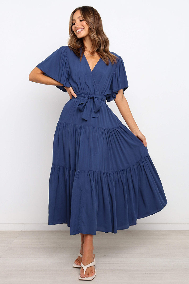 Solid Color Short-Sleeved Long Skirt Dress Dress V-Neck Lace-Up Dress