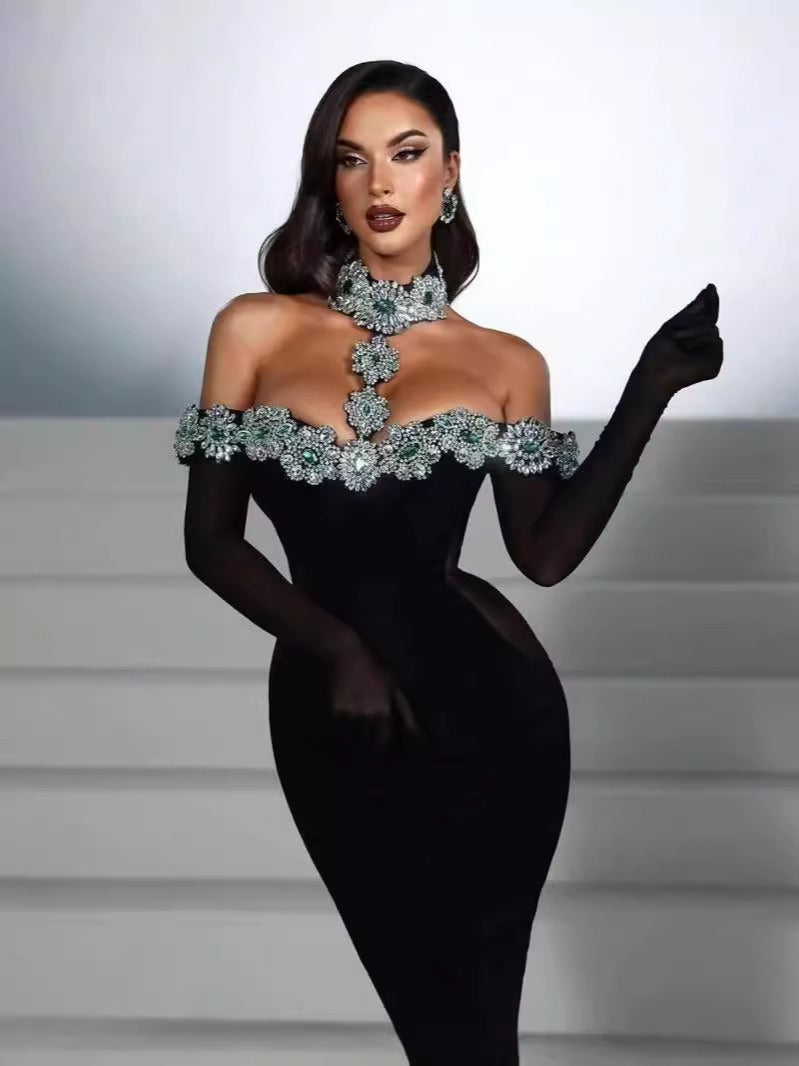 Bandage dress rhinestone flower long dress red carpet dress