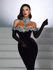 Bandage dress rhinestone flower long dress red carpet dress