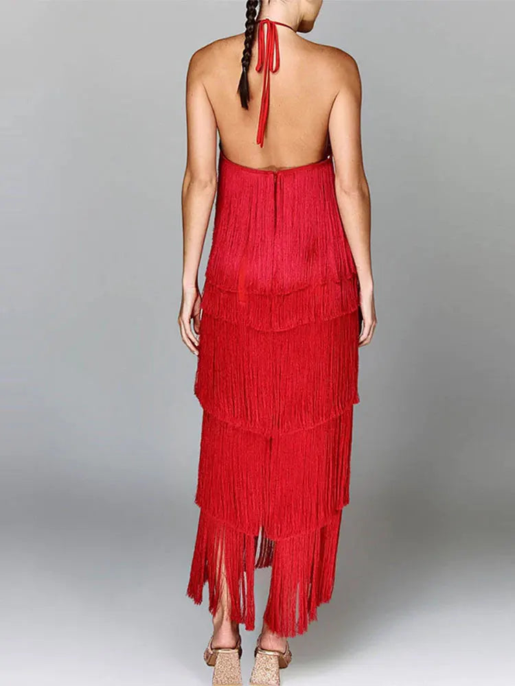 Metallic Color Tassel Halter Long Dress Female Chic Sleeveless Backless Lace Up Slim Vestdios Lady Sexy High Street Robe