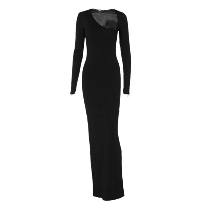 Sexy Black Evening Party Dress Women Elegant Fall Winter Outfits Asymmetrical Long Sleeve Slit Maxi Dresses 809