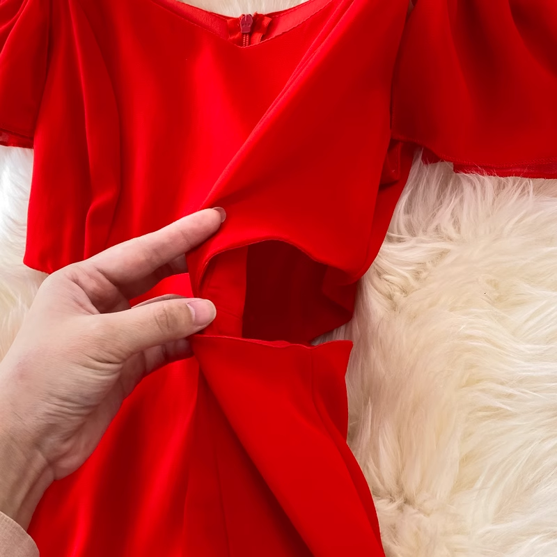 Red Off Shoulder Chiffon dress