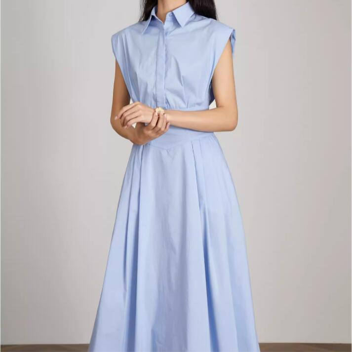 Blue polo collar sleeveless shirt dress right-angle shoulder waist long skirt