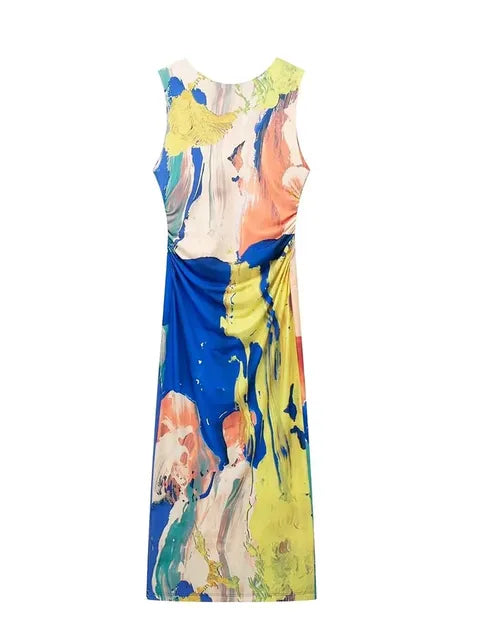 Print Tulle Long Dresses Ruched Midi Dress Woman Sexy Backless Party Dresses Sleeveless Dress Women