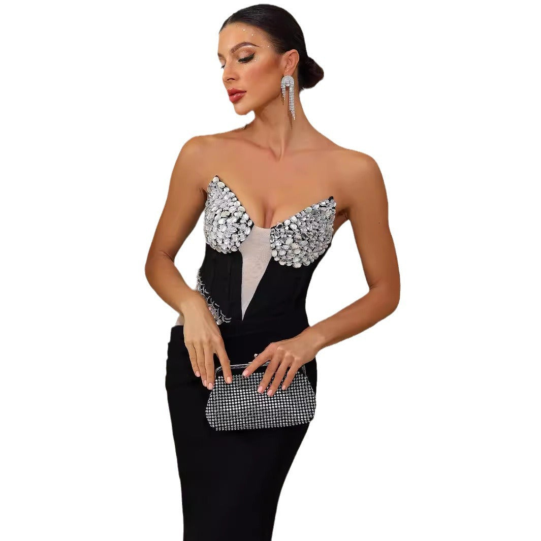 sexy V-neck diamond chest cup mesh backless bandage dress high elastic evening dress