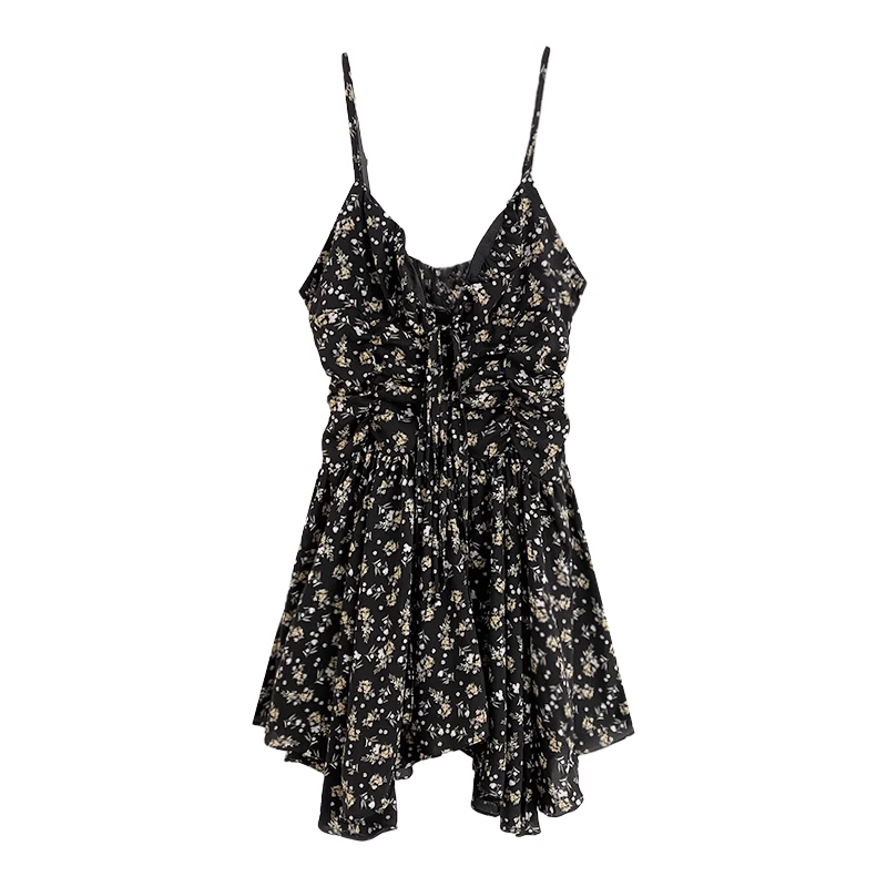 Black Floral Irregular V-Neck Pleated Sling Dress