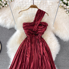 Metallic Neckholder Bandeau Off-Shoulder Plissee Kleid