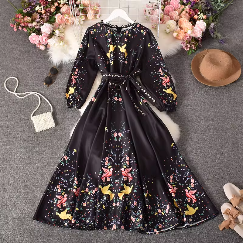 Chiffon floral long skirt puff sleeve dress