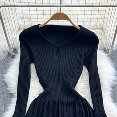 Flared long-sleeve A-line pleated knit dress