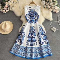 Round neck sleeveless a-line celadon print summer dress