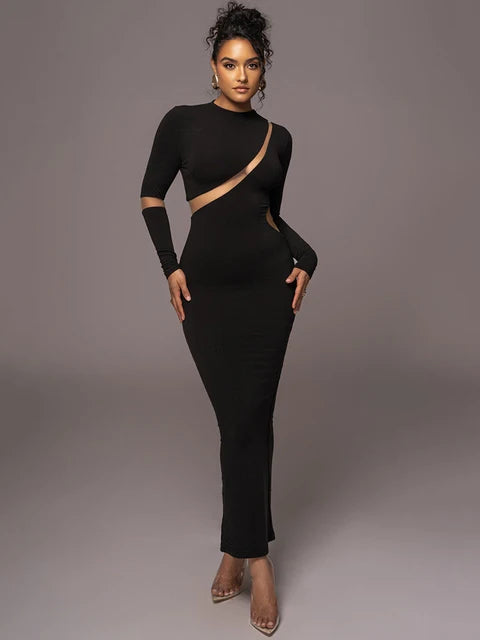 Long Sleeve Dress Autumn Patchwork Hollow Out Club Party Sexy Long Dress Vestidos