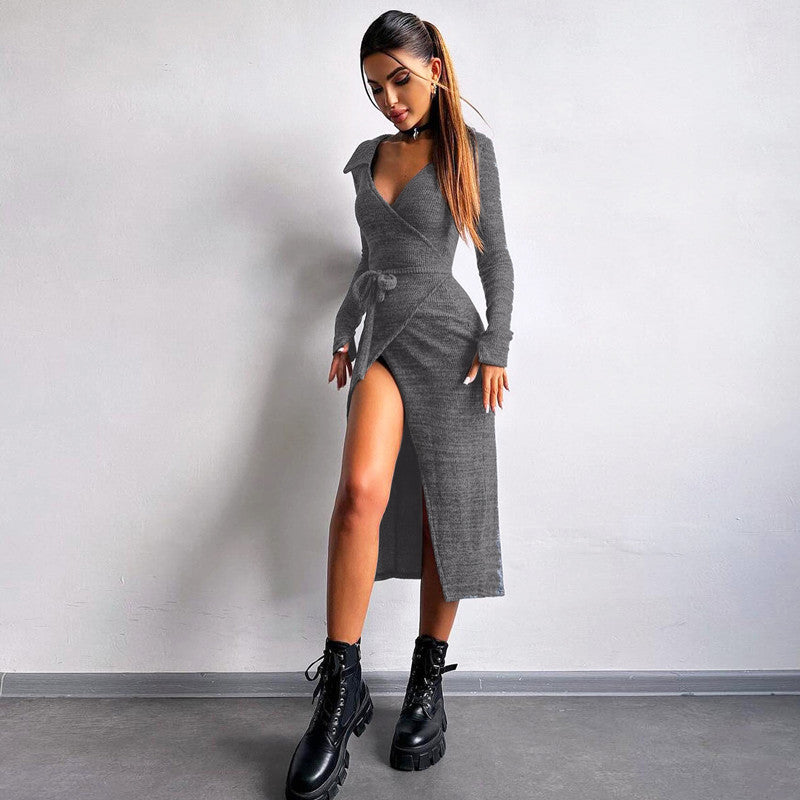 Long Sleeve Dress Sexy Bag Hip Tie Rope Waist Split Long Dress