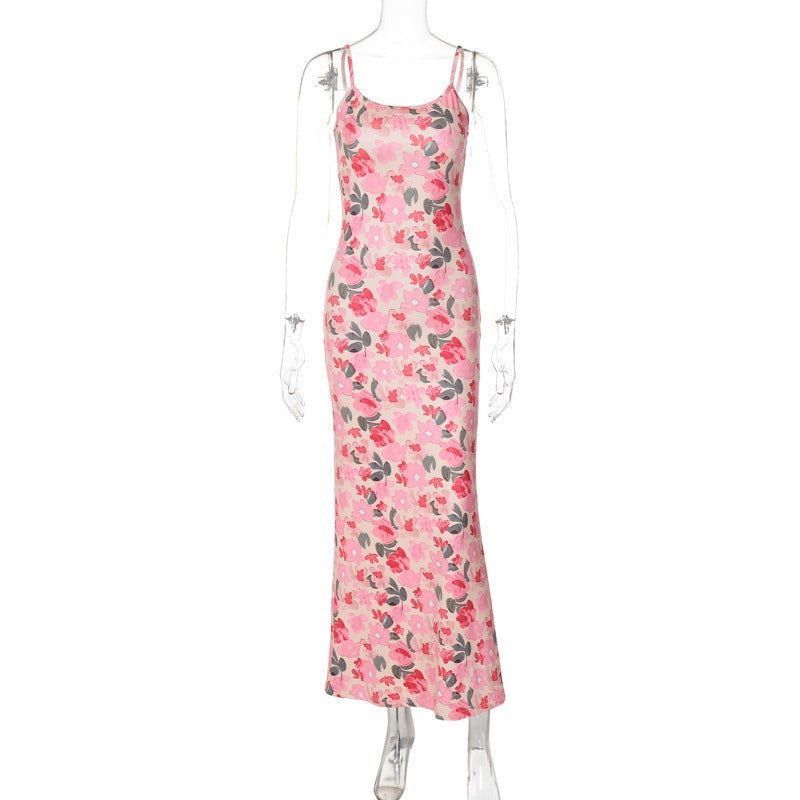 sexy backless printed slim fit suspender dress