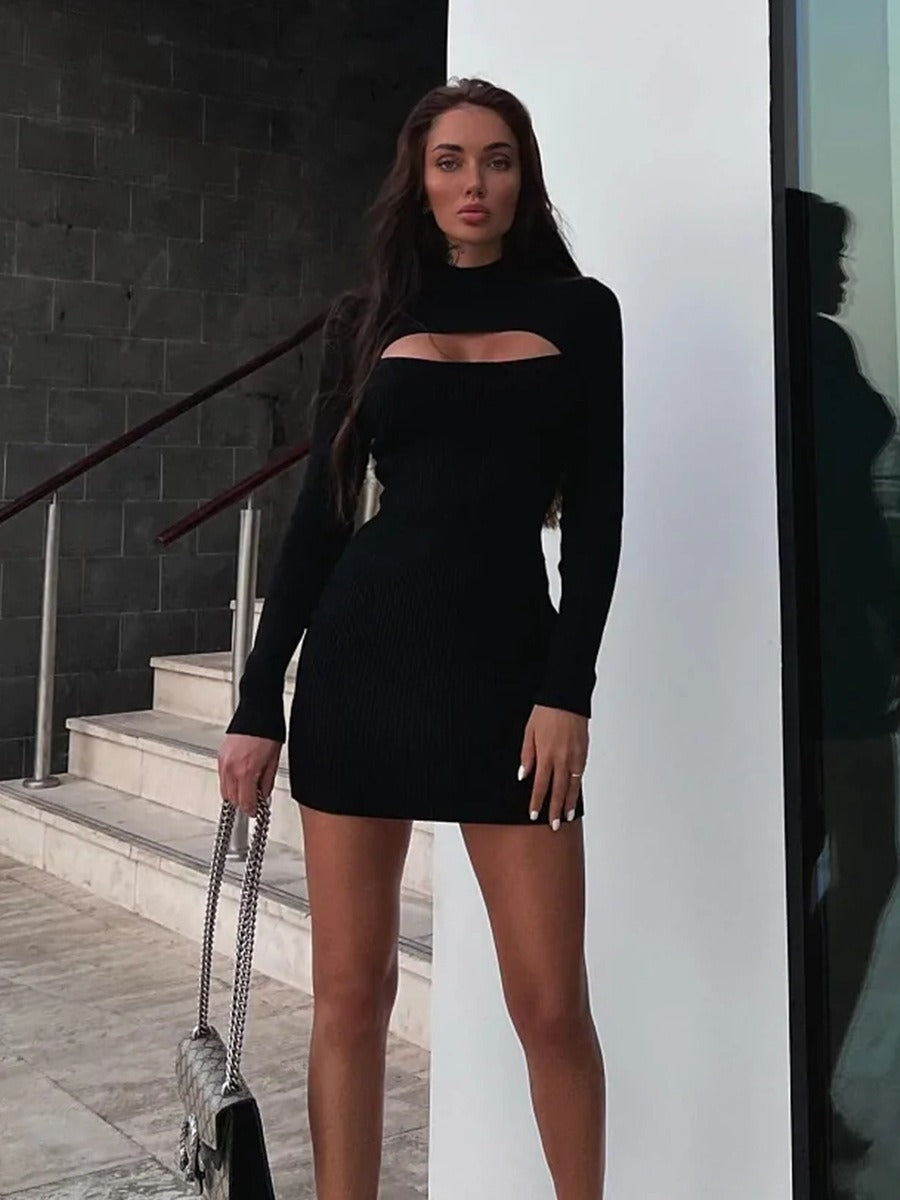 hollow out sexy tight fitting short woolen dress