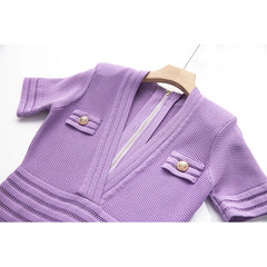 European and American style taro purple short sleeved dress with hollowed out skirt