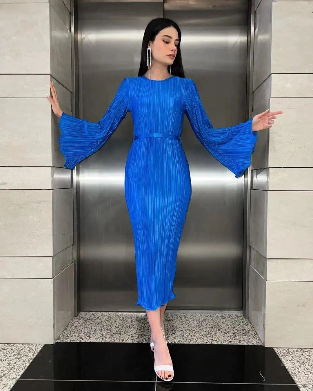 Blue O-Neck DressesElegant Long Sleeve Lace-Up Straight Dresses