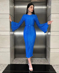 Blue O-Neck DressesElegant Long Sleeve Lace-Up Straight Dresses