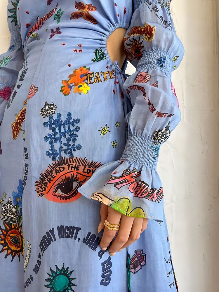 Spring Women Hollow Out Party Dress Printing Loungewear O-Neck Long Lantern Sleeve Loose Ladies Maxi Dress Streetwear