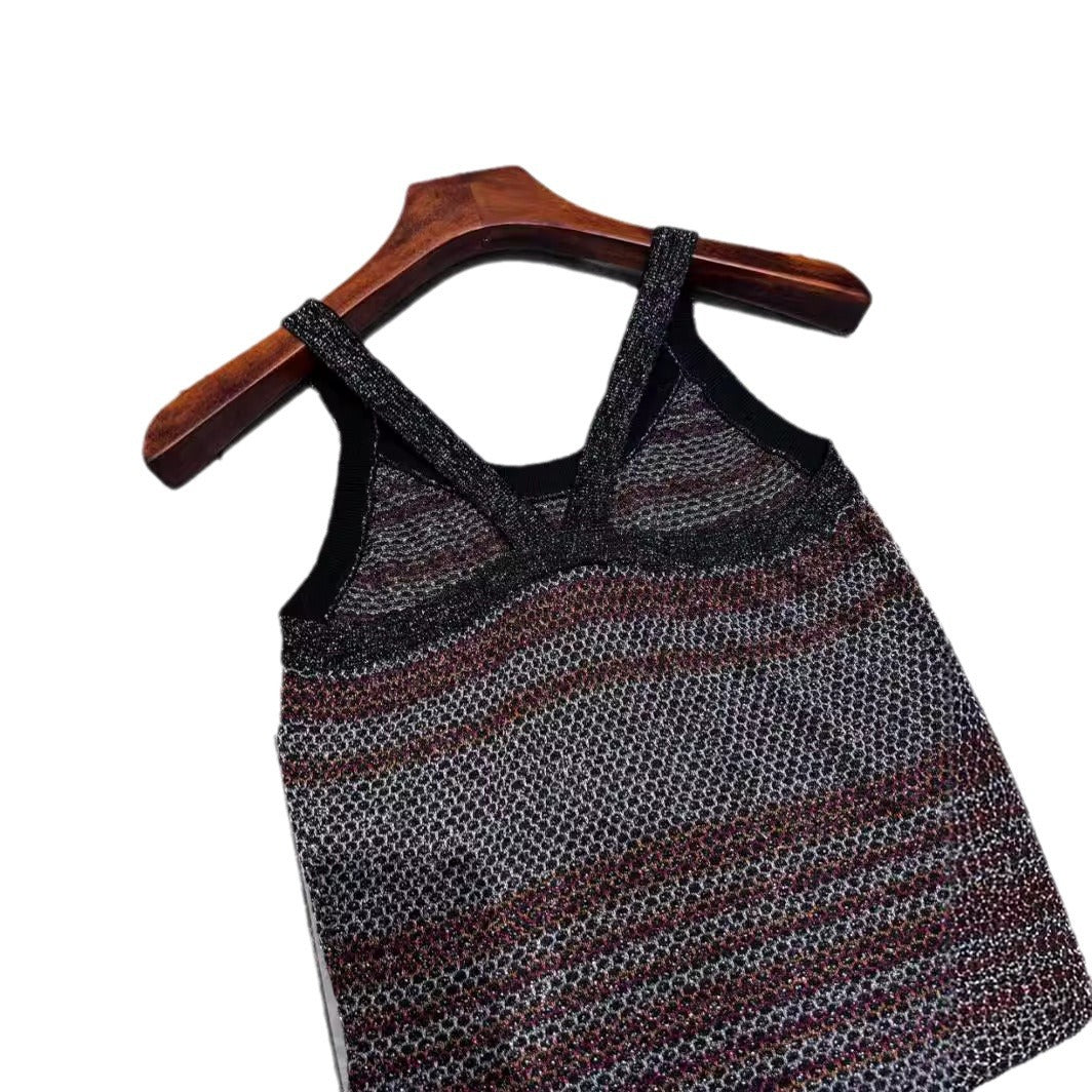 elegant jacquard striped sleeveless knitted vest suspender dress
