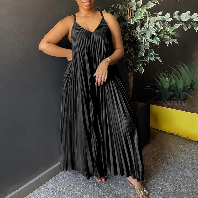 Sexy Spaghetti Strap Dresses Pleated V Neck Sleeveless Loose Straight Ankle Length Elegant Evening Night Party Dress