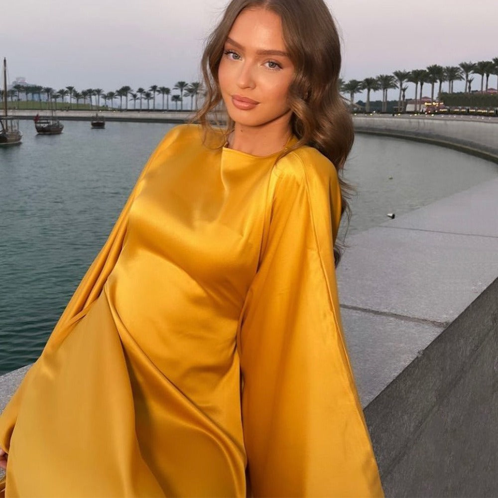 Dress, round neck, satin bat sleeve, loose fitting dress, sexy and long dress spring/summer