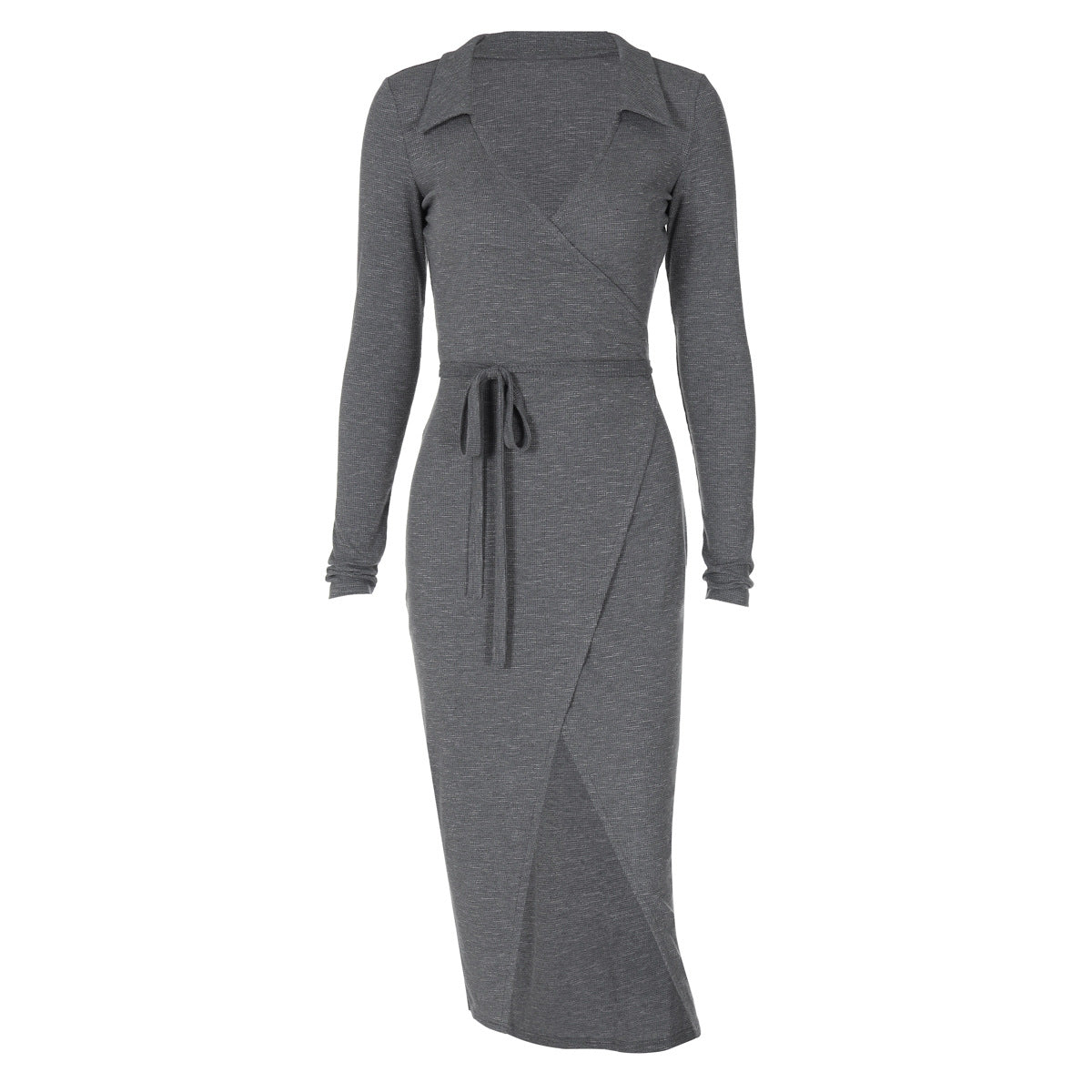 Long Sleeve Dress Sexy Bag Hip Tie Rope Waist Split Long Dress