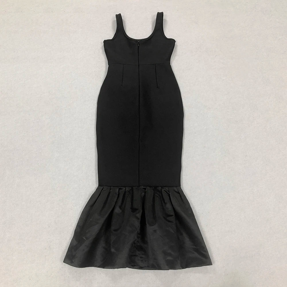 Black Color Women Sleeveless Sexy O-Neck Pearl Beading Bodycon Bandage Gown Dress Celebrate Evening Party Outfit Vestido