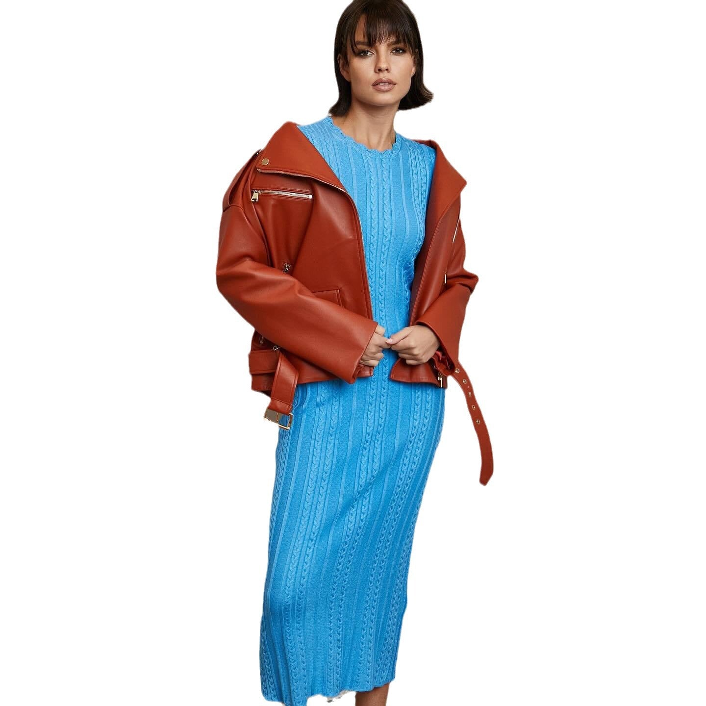 Rabbit velvet core spun yarn thin short sleeved knitting long dress casual waist Fried Dough Twists dress