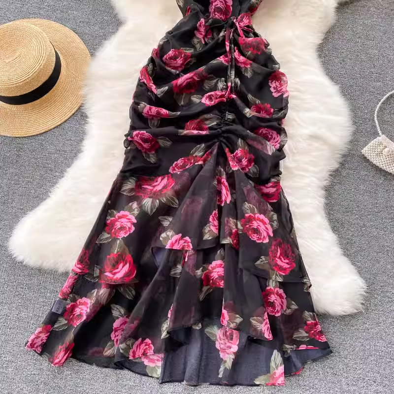 Chiffon print elegant ruffled mermaid dress