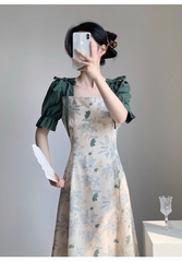 Retro square neck dress summer French style patchwork floral long dress