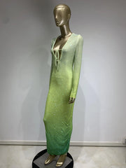 V-neck Diamond Water Diamond Tight Gradient Maxi Dress
