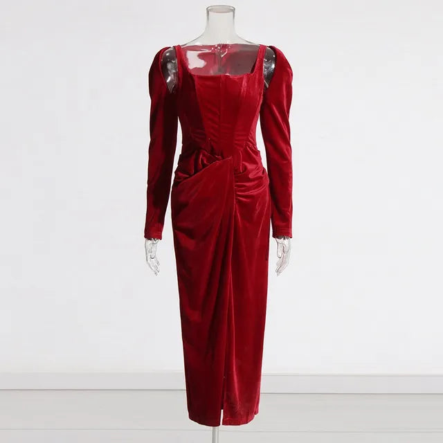 temperament square collar design with pleats and twists, solid color dress, long skirt, women's clothing