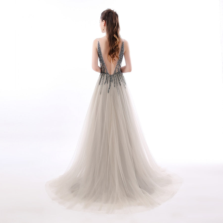 Sexy Side Split Prom Dresses Deep V-Neck Backless Beads Crystal Party Gowns Sleeveless Sweep Train Cheap Tulle Party Dress