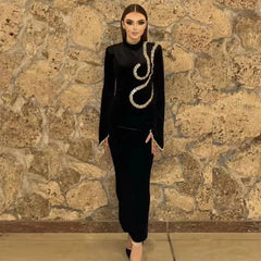 Black Color Women Long Sleeve Shinning Crystal Bodycon Bandage Long Dress Celebrate Evening Party Cocktail Dress