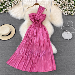 Metallic Neckholder Bandeau Off-Shoulder Plissee Kleid