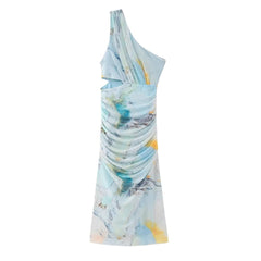 Print Tulle Dress Female Beach Resort Style Asymmetrical Collar Waist Hollow Out Design Perspective Dress