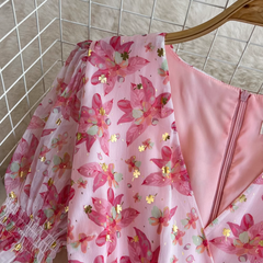 Retro V-neck drawstring print dress