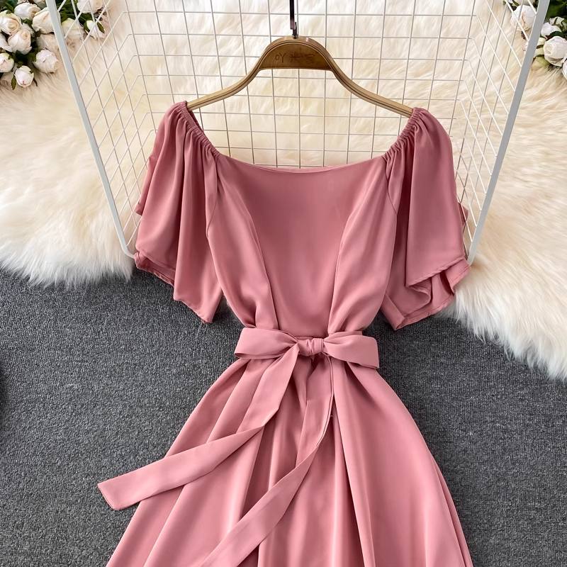 chic retro solid color ruffled mid-length square neck dress