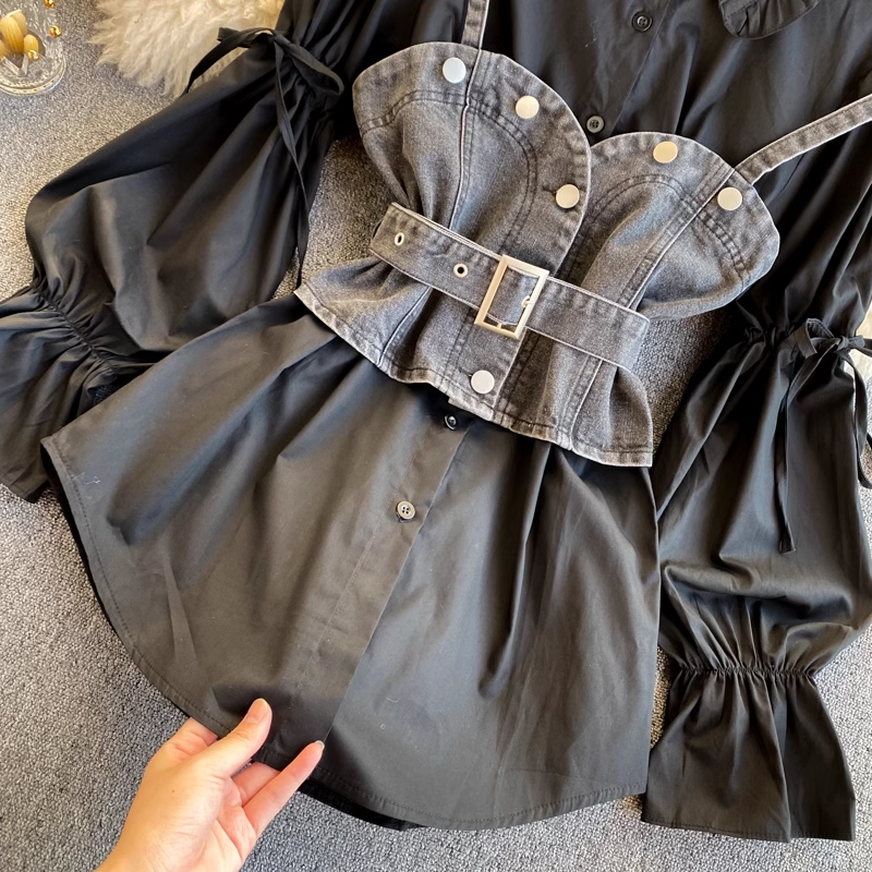 Retro Blouses Women's puff sleeve loose all-match denim camisole stacked two-piece suit