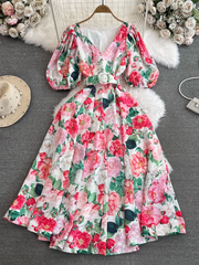 Puff short-sleeved V-neck waist A-line printed dress