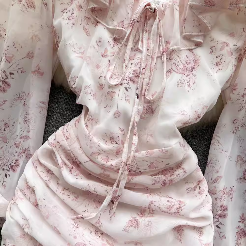 Pink Floral Fairy Dress Summer New Chiffon V-neck Wrap Dress