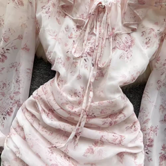 Pink Floral Fairy Dress Summer New Chiffon V-neck Wrap Dress