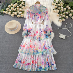 Langärmliges Kleid mit A-Linien-Print und Laterne-Schleife