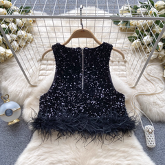Round neck sleeveless sequined glitter vest furry patchwork short top